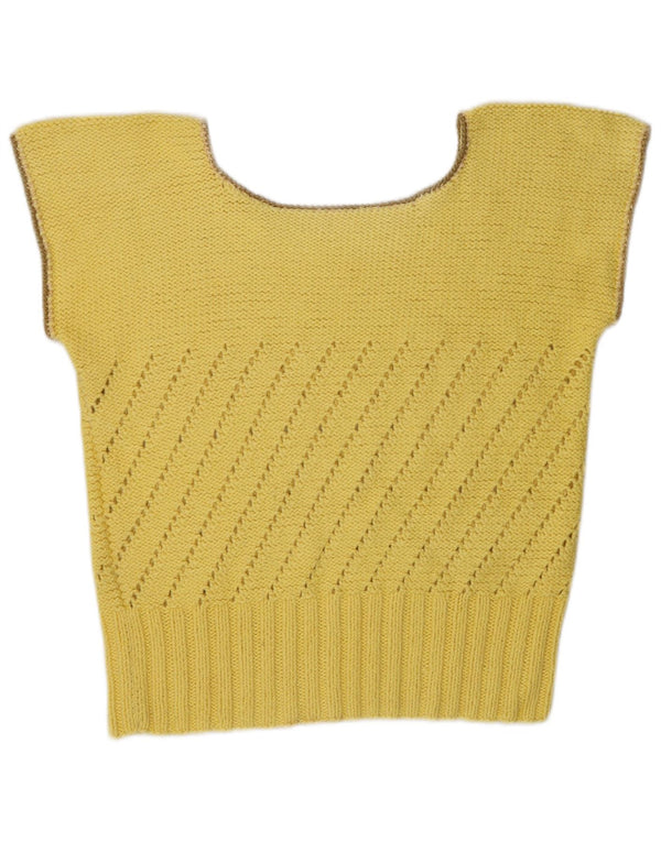 Pulover vintage pentru femei cu gât de barcă UK 14 Medium Yellow Colorblock