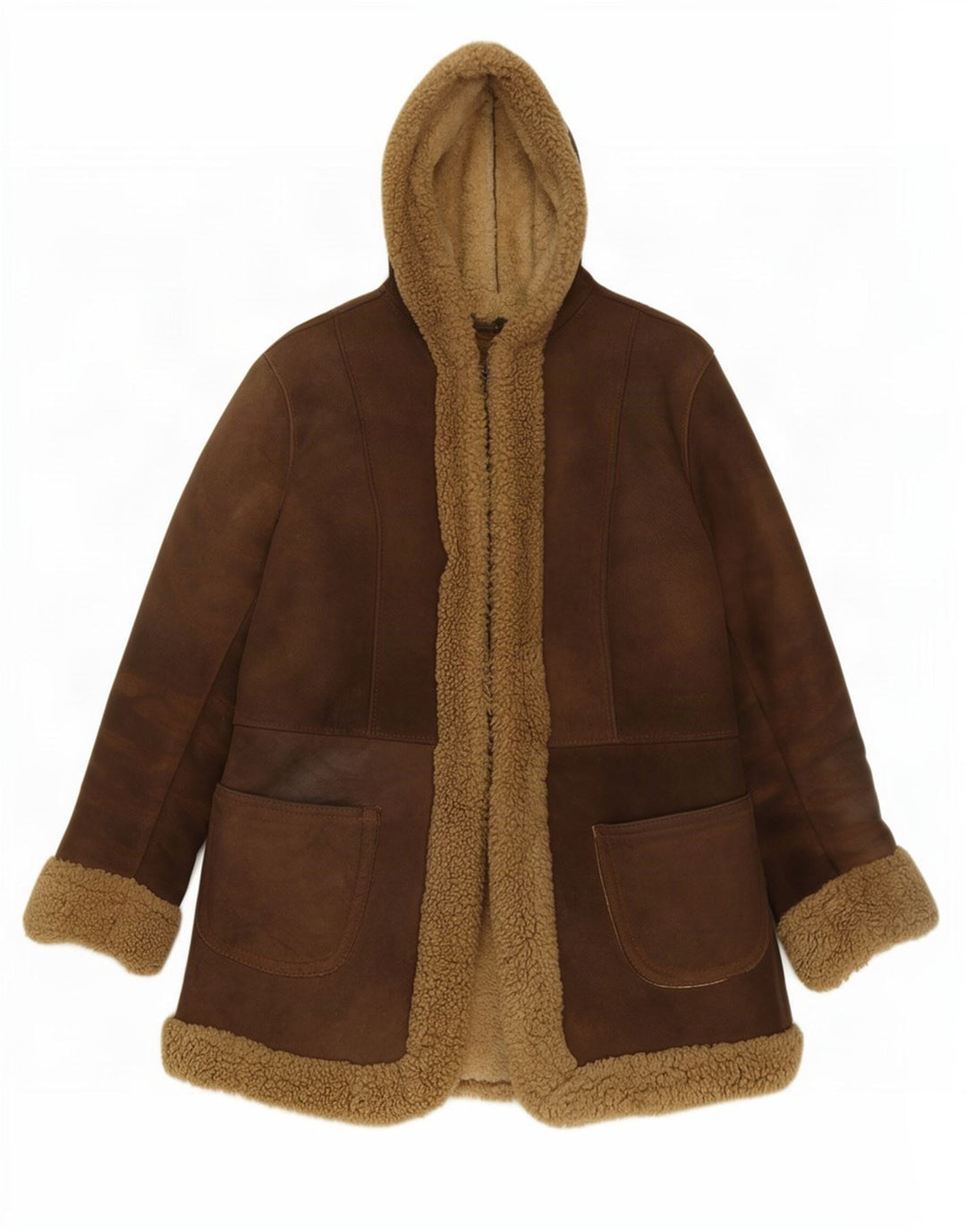 Jachetă din shearling cu glugă vintage pentru femei UK 10 din piele maro mică
