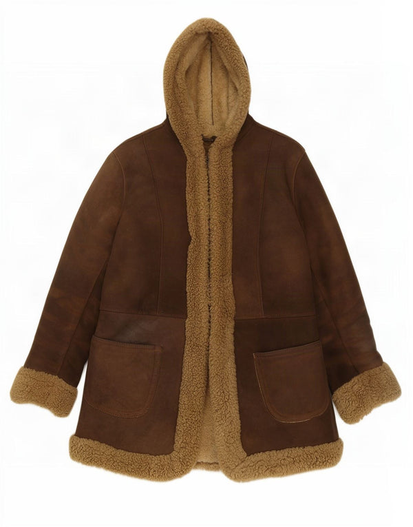 Vintage Womens Hooded Shearling Jacket UK 10 Small Brown Leather
