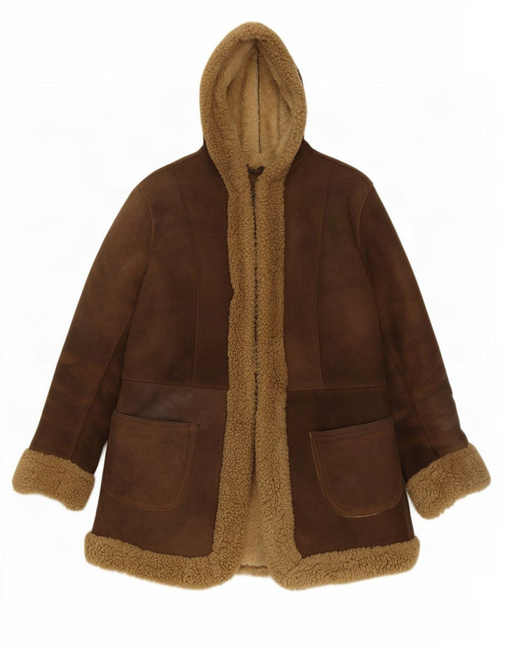 Jachetă din shearling cu glugă vintage pentru femei UK 10 din piele maro mică