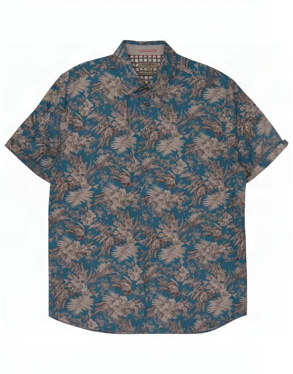 Cămașă hawaiană cu mânecă scurtă pentru bărbați Ted Baker Mărimea 6 2XL Bumbac cu flori albastru