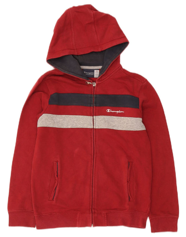 Champion Boys Zip Hoodie Sweater 9-10 Years Medium Red Colourblock Cotton