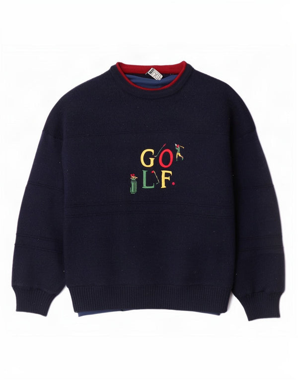 Pulover vintage pentru femei cu grafică cu gâtul cu barca UK 16 mare bleumarin