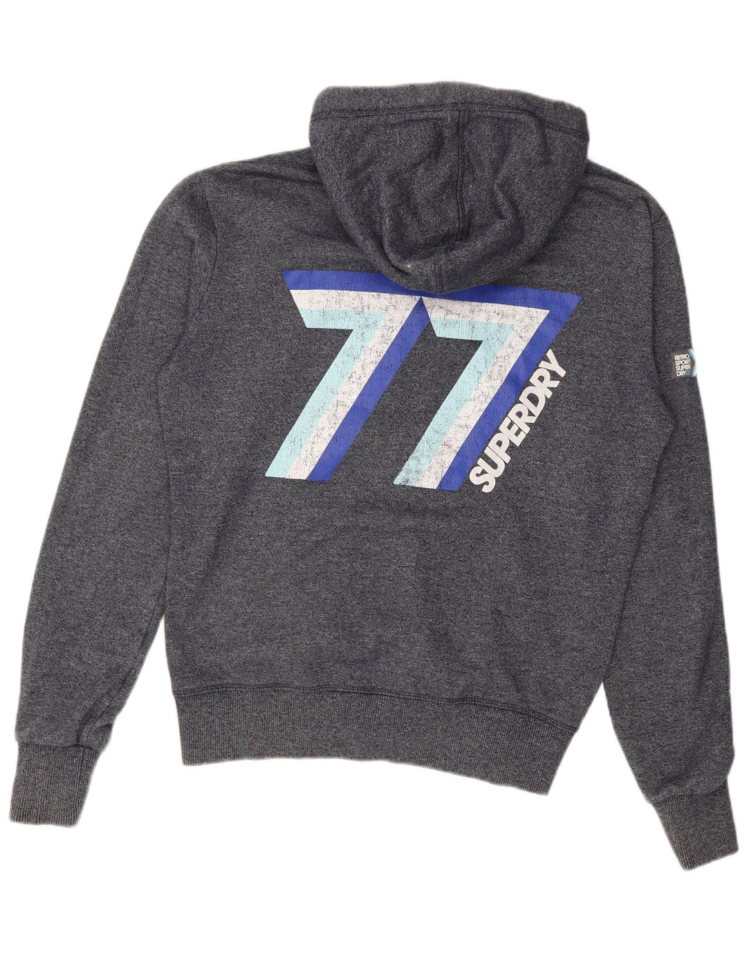 SUPERDRY Pulover cu capota cu fermoar grafic pentru bărbați, bumbac mediu albastru bleumarin