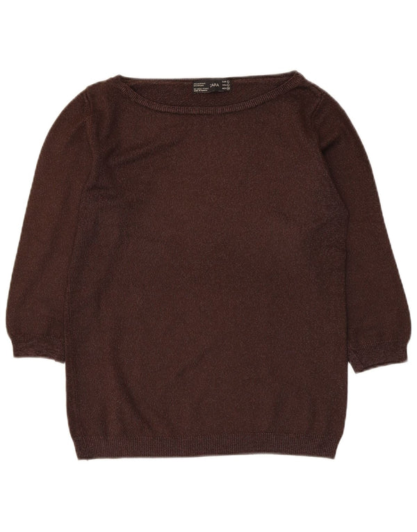 Pulover pentru femeie Zara, cu mâneci 3/4, cu gât de barca, UK 14, mare, maro, acrilic