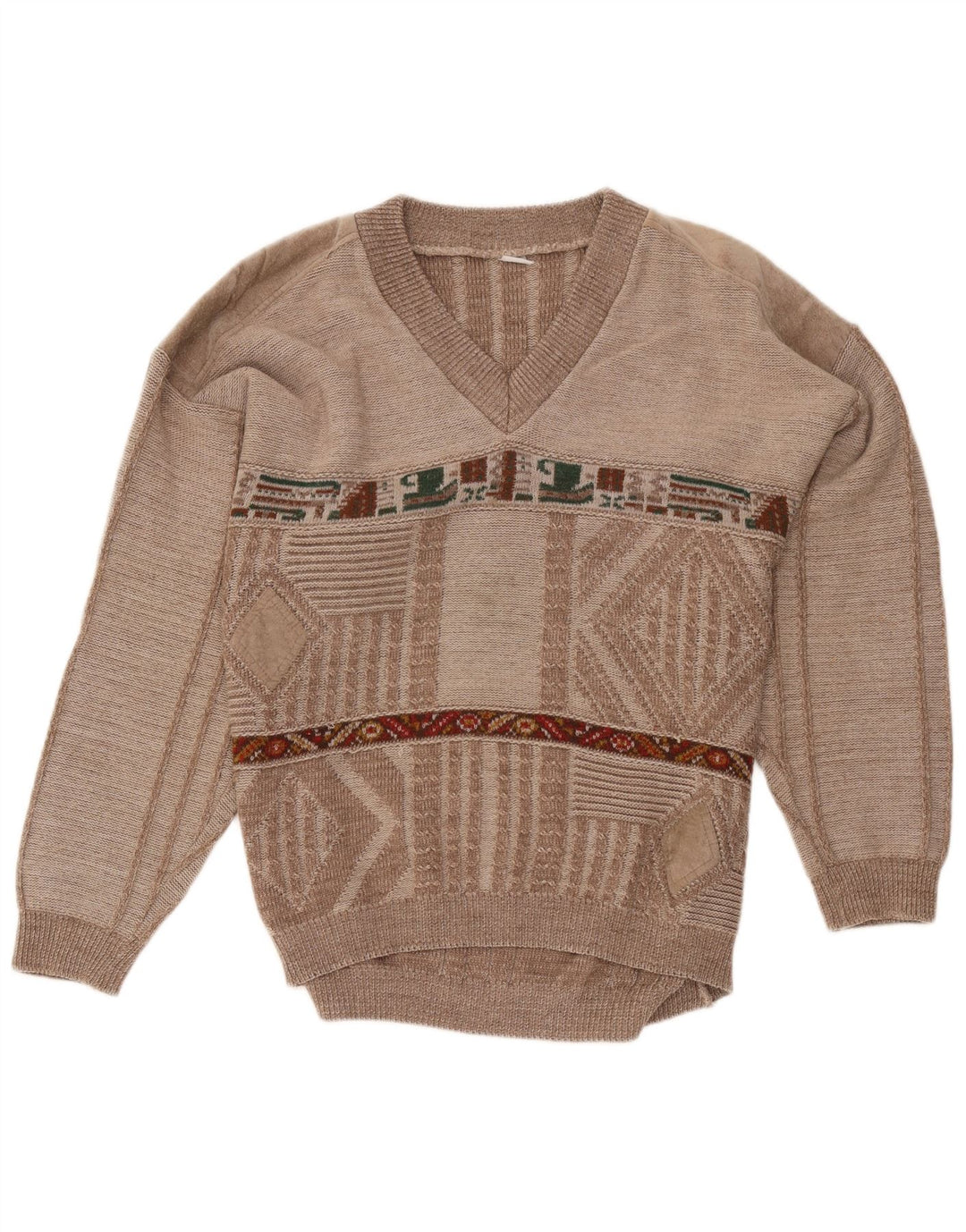 VINTAGE Pulover cu decolteu în V pentru bărbați, maro mediu, geometric