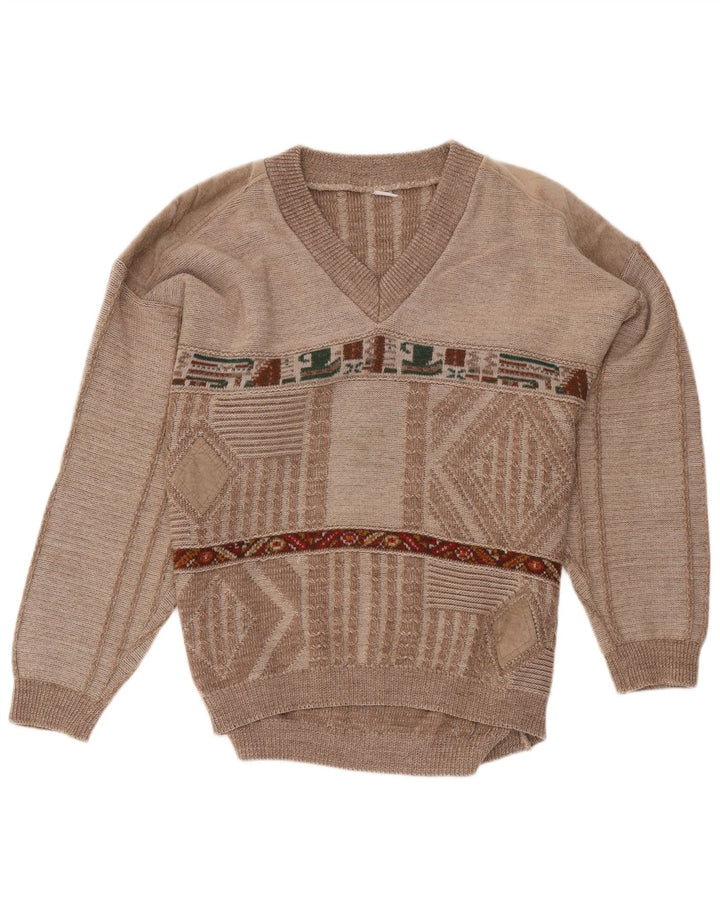 VINTAGE Pulover cu decolteu în V pentru bărbați, maro mediu, geometric