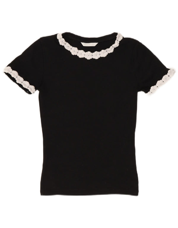 Tricou Crop pentru Damă Zara UK 8 Mic Bumbac Floral Negru