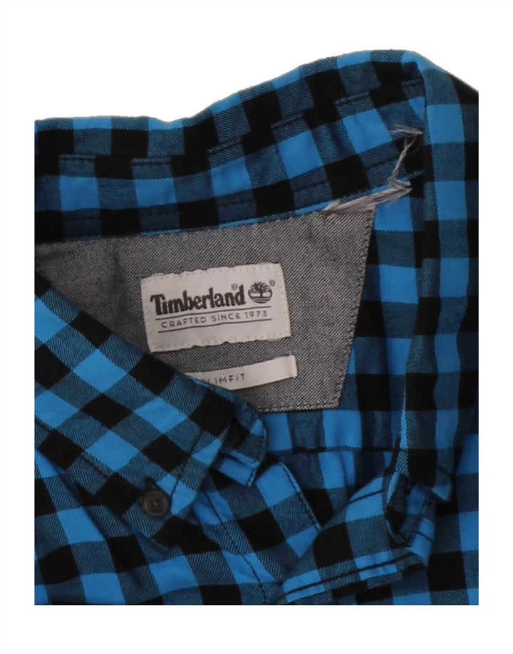 TIMBERLAND Mens Slim Fit Flannel Shirt Medium Blue Gingham Cotton Vintage Timberland and Second-Hand Timberland from Messina Hembry 
