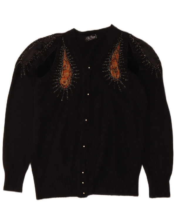 Pulover Cardigan Vintage pentru Damă Grafic UK 16 Lână Paisley Neagră Mare