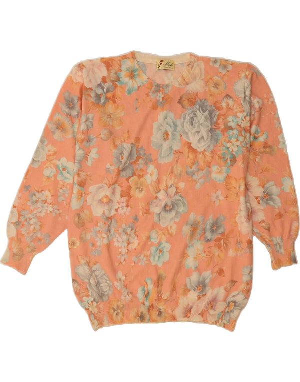 Pulover VINTAGE pentru femei cu decolteu rotund UK 18 XL Lână florală roz