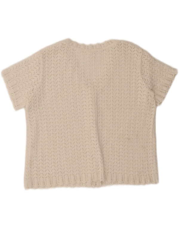 Vintage Womens Short Sleeve Crop Cardigan Sweater UK 16 Large White Cotton