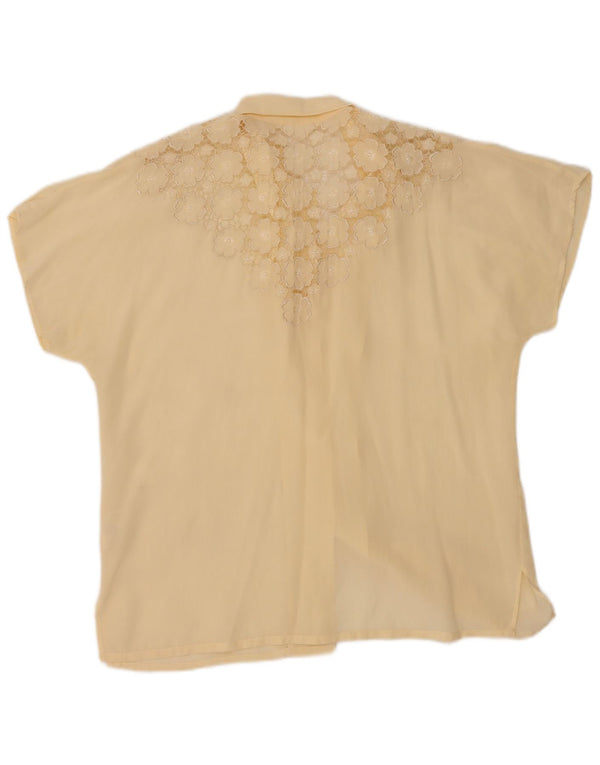 Bluză cămașă cu mânecă scurtă pentru femei vintage IT 44 Mătase florală alb cadru mediu