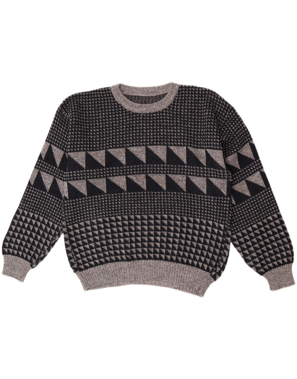 Pulover vintage pentru bărbați cu gâtul turnat, mare, gri, geometric