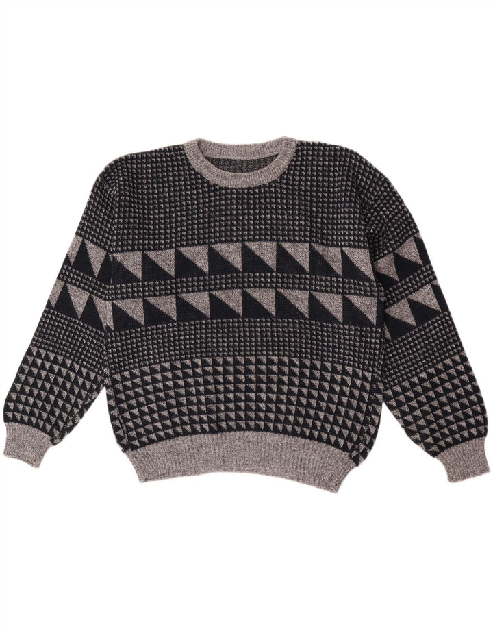Pulover vintage pentru bărbați cu gâtul turnat, mare, gri, geometric