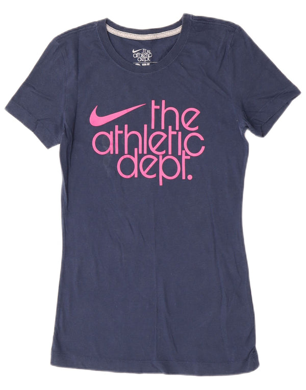 Nike Womens Slim Fit Graphic T-Shirt Top UK 8 Small Navy Blue Cotton