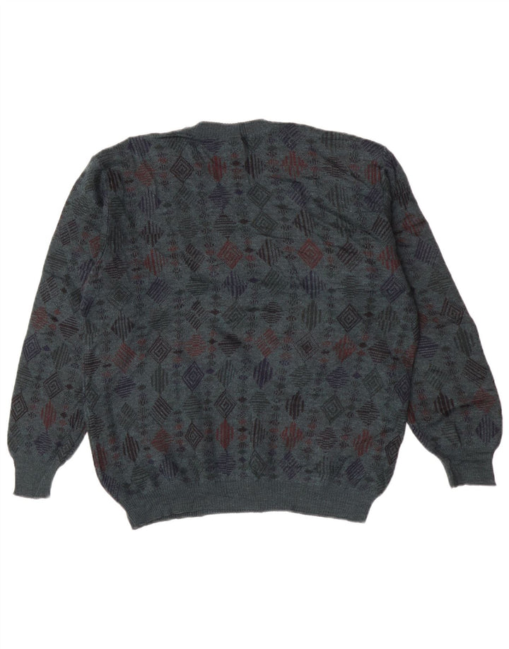 Pulover vintage pentru bărbați cu decolteu rotund, lână virgină, albastru, geometric, mediu