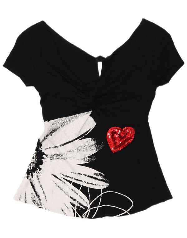 Bluză cu grafică Desigual pentru femei UK 8 Small Black Floral Heart