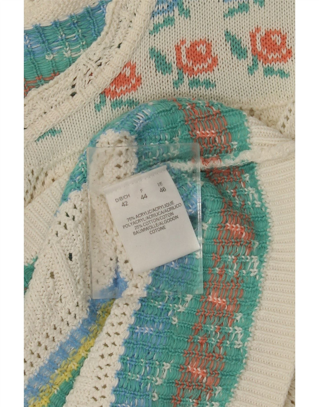 Pulover VINTAGE pentru damă, cu gât de barcă, IT 46, mare, alb, acrilic, floral