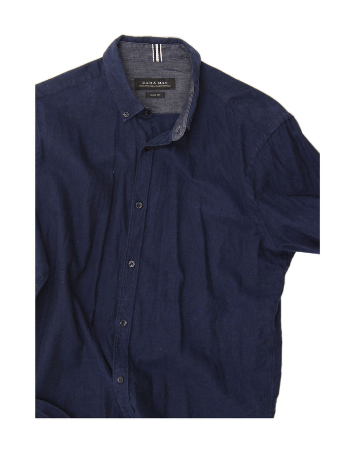 ZARA Mens Slim Fit Shirt Medium Navy Blue Cotton Vintage Zara and Second-Hand Zara from Messina Hembry 