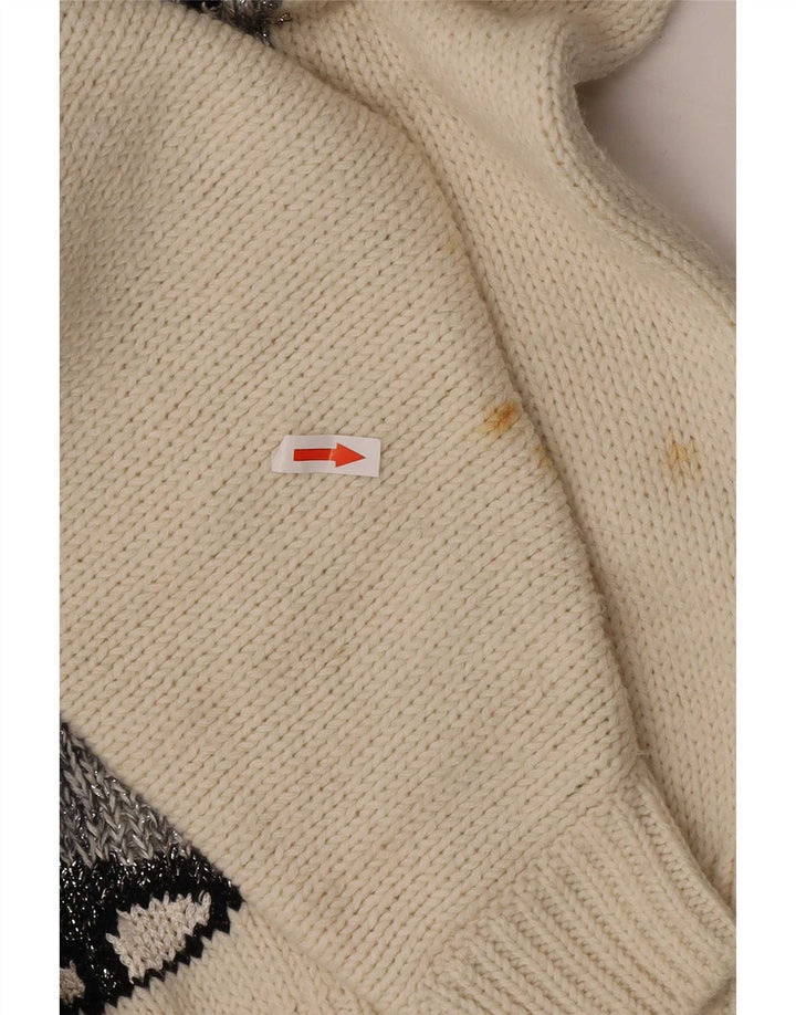 Pulover vintage pentru femei cu gât cu nasturi, UK 16, mare, alb