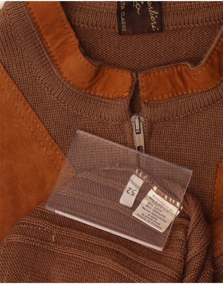 VINTAGE Pulover cardigan din piele intoarsa pentru barbati IT 52 Lână mare, maro, bloc de culoare