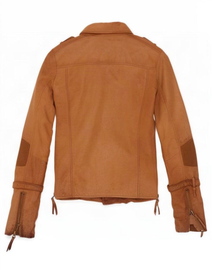 True Religion Jachetă motociclist din piele pentru femei UK 10 Mic Bej Colorblock