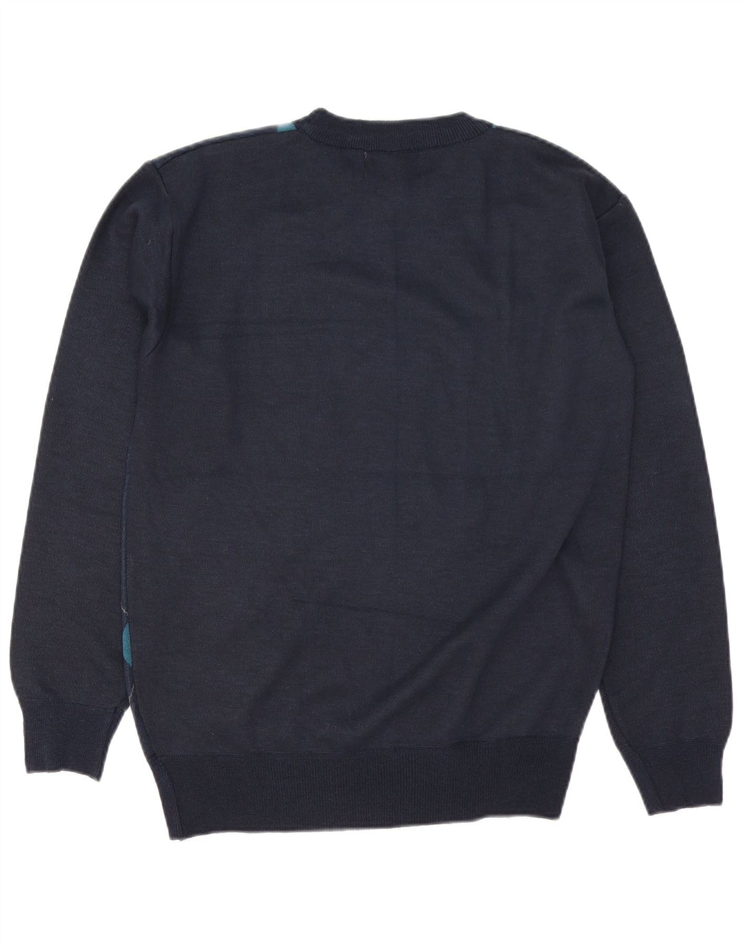 Pulover vintage pentru bărbați cu gât roșu, mare, albastru bleumarin, lână Argyle/Diamond