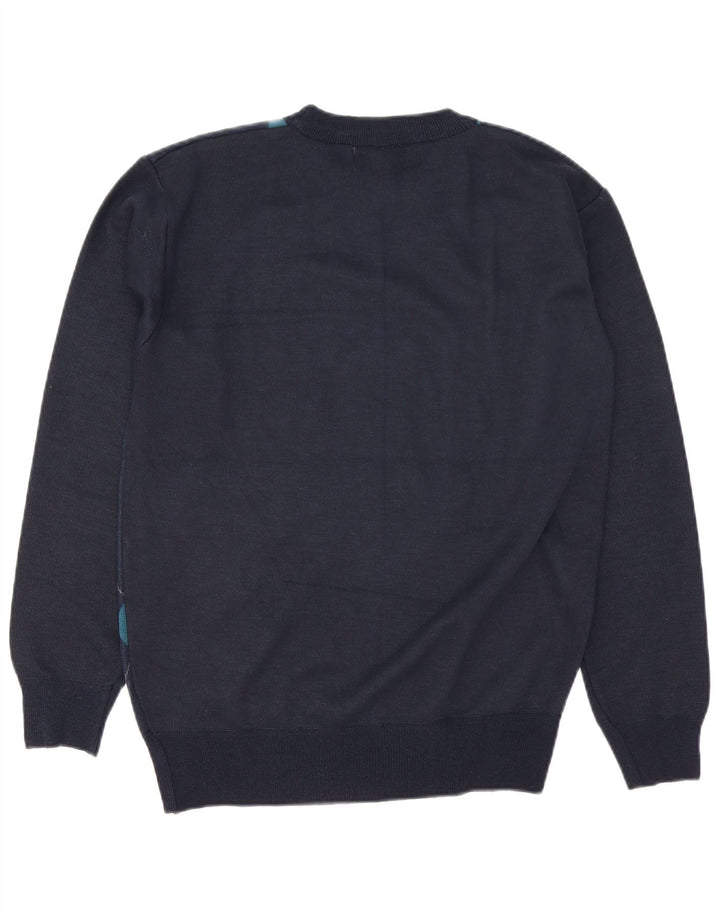 Pulover vintage pentru bărbați cu gât roșu, mare, albastru bleumarin, lână Argyle/Diamond