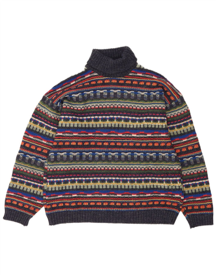 Pulover vintage pentru bărbați cu gât rulat, mare, lână Fair Isle, multicoloră