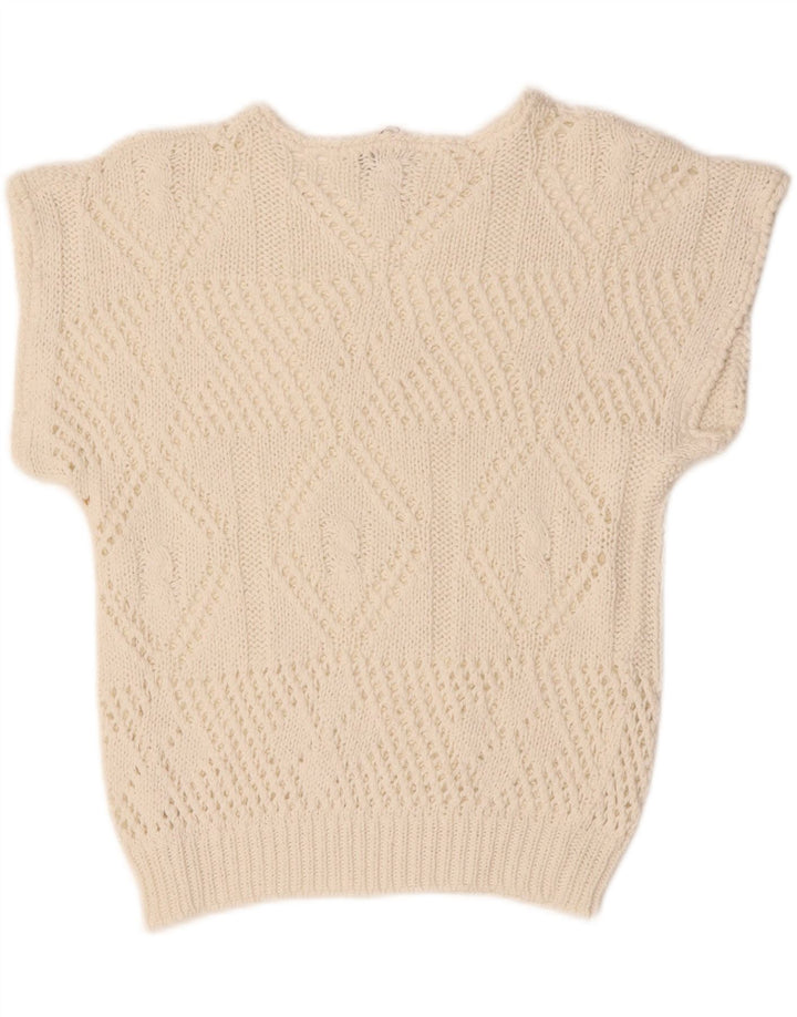VINTAGE Womens Crop Crew Neck Jumper Sweater UK 14 Medium White Vintage Vintage and Second-Hand Vintage from Messina Hembry 