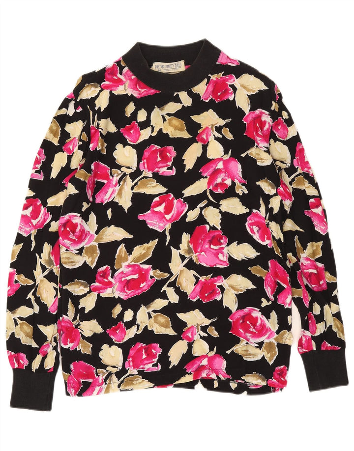 Vintage Top pentru femei cu mânecă lungă UK 14 Medium Black Floral Viscose