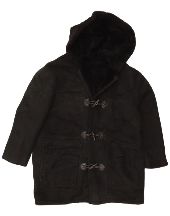 Palton din shearling supradimensionat cu glugă vintage pentru femei UK 16 mare negru