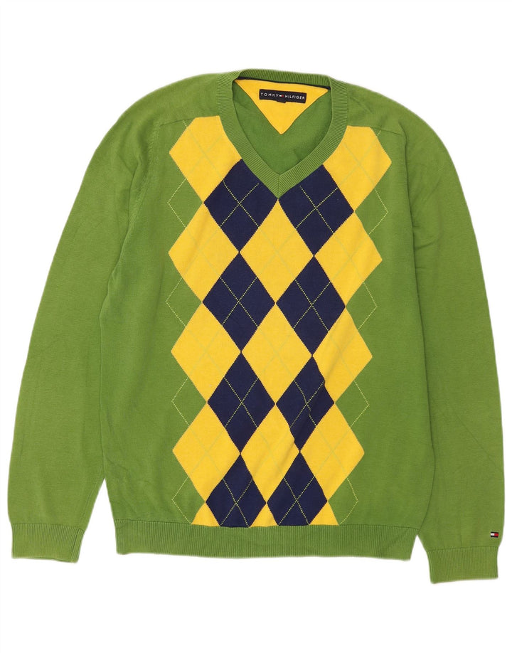Pulover cu decolteu în V Tommy Hilfiger pentru bărbați, verde mediu Argyle/Diamond