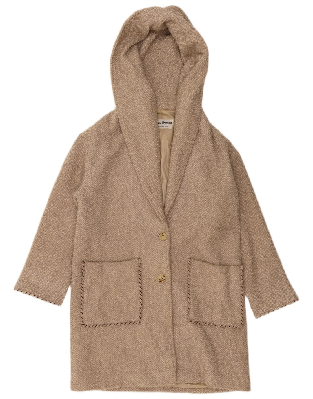 VINTAGE Pardesiu supradimensionat cu glugă pentru femei UK 10 Small Beige Herringbone