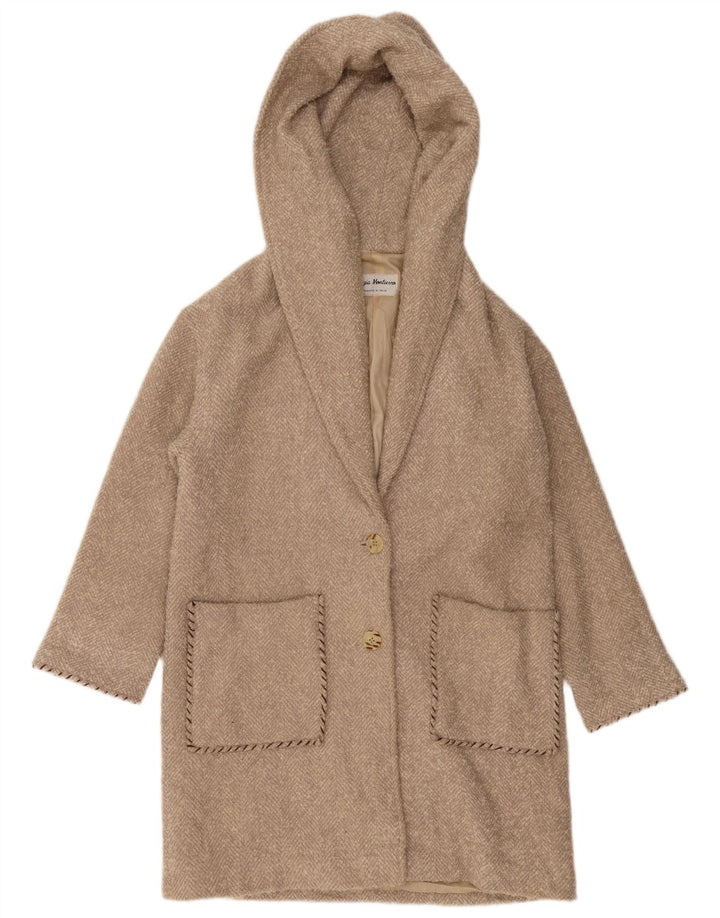 VINTAGE Pardesiu supradimensionat cu glugă pentru femei UK 10 Small Beige Herringbone