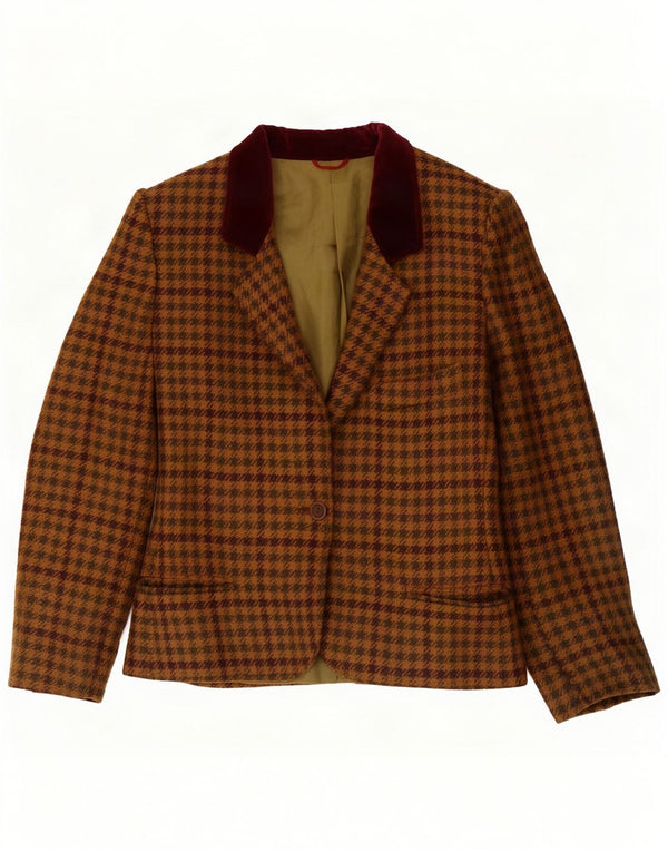 Blazer Vintage pentru femei cu 1 nasture UK 14 Lână mare maro Houndstooth