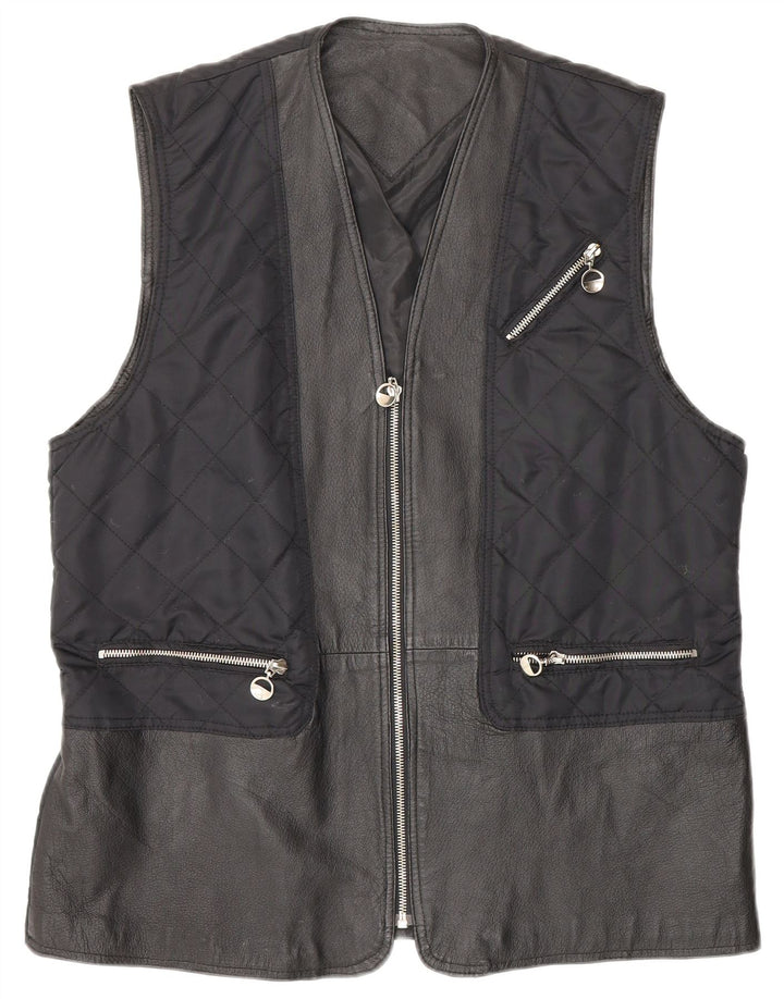 Gilet vintage din piele matlasată pentru femei UK 12/14 Medium Bleumarin