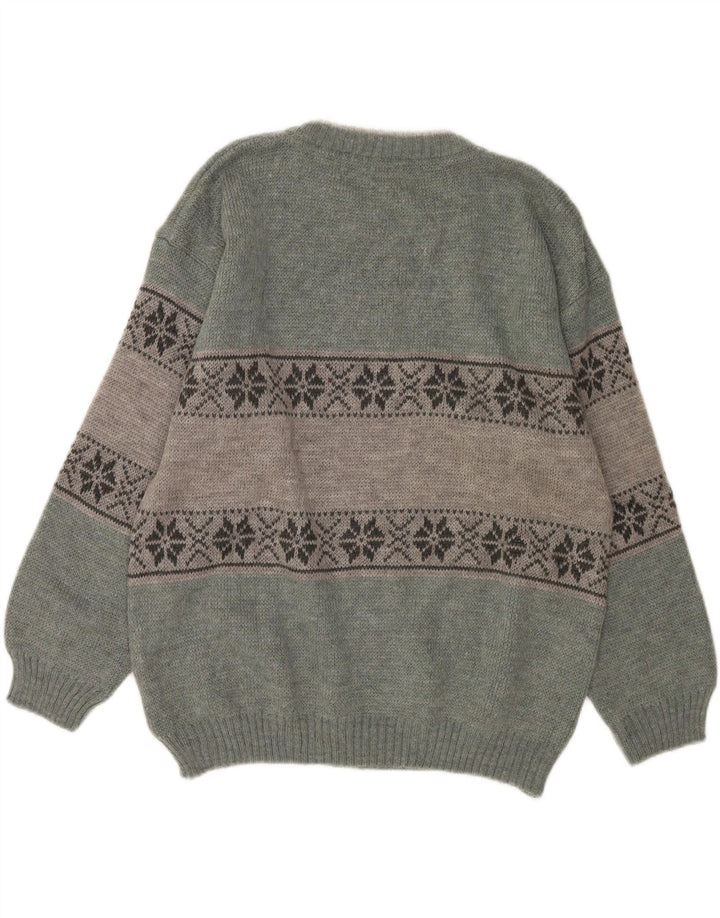 Pulover Bresci pentru bărbați cu decolteu rotund, verde mediu Fair Isle