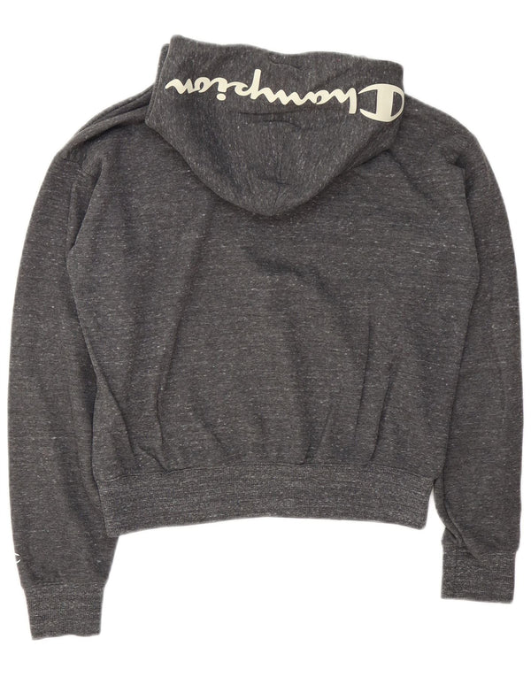 Pulover cu glugă cu grafic Crop pentru femei Champion UK 14, bumbac cu pete, gri mediu
