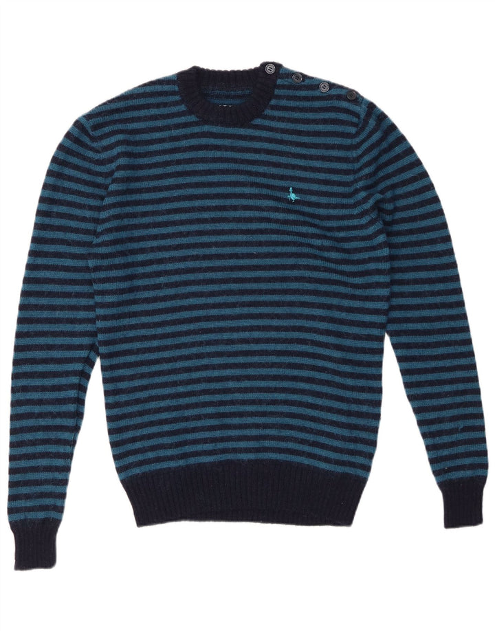 JACK WILLS Pulover pentru bărbați cu decolteu rotund din lână cu dungi mici, albastru bleumarin