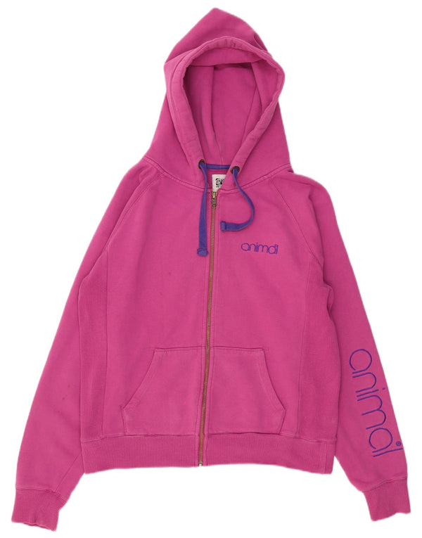 ANIMAL Pulover cu glugă cu fermoar cu grafic pentru femei UK 14 Large Pink