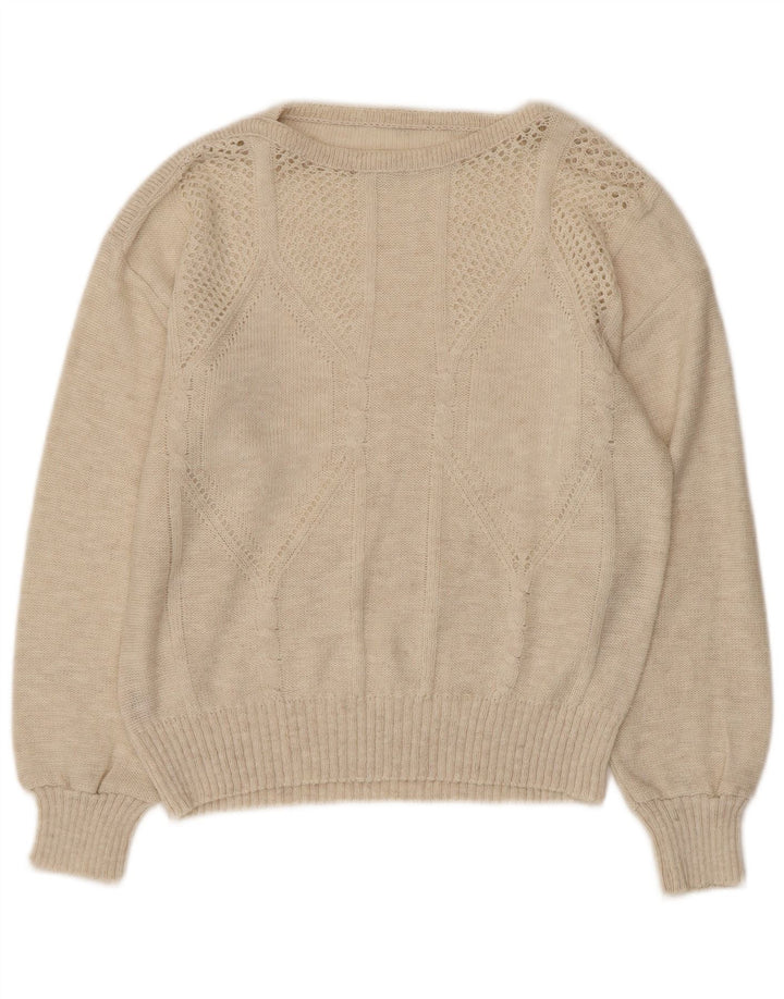 Pulover vintage pentru femei cu gât de barcă, UK 12, mediu, alb pătat