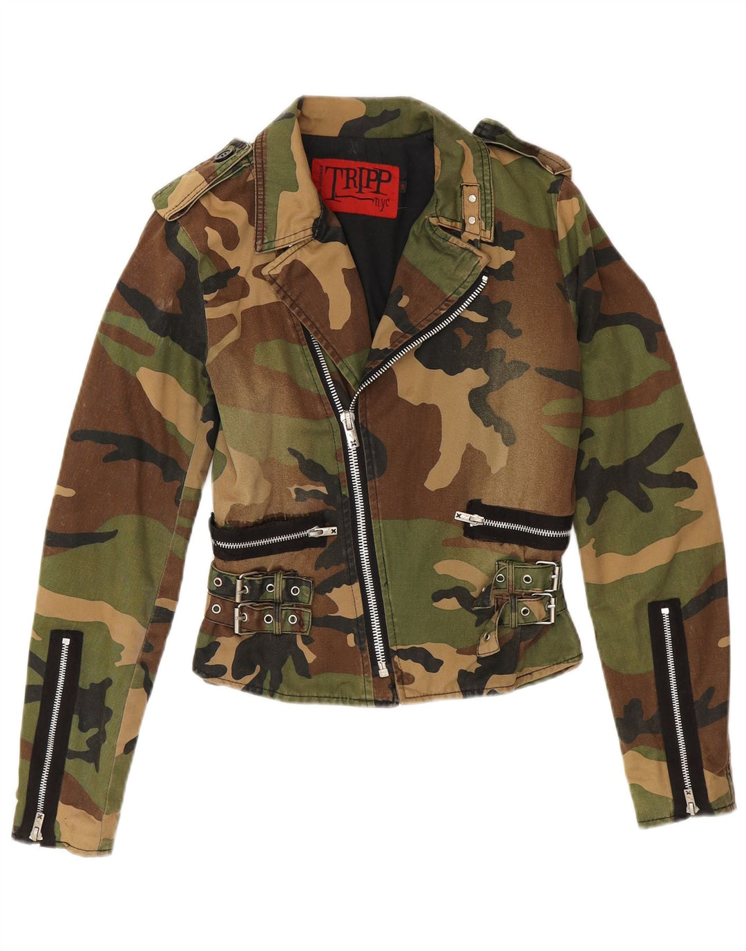 Jachetă militară crop TRIPP NYC pentru femei UK 10, bumbac camuflaj kaki mic