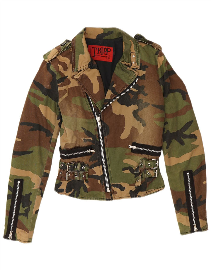 Jachetă militară crop TRIPP NYC pentru femei UK 10, bumbac camuflaj kaki mic