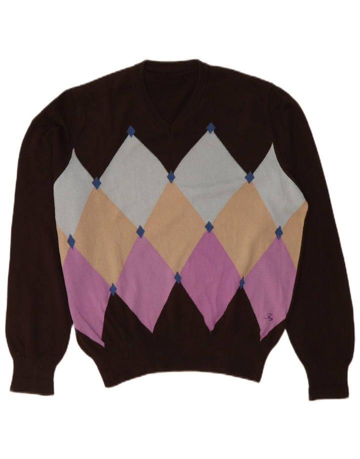 Pulover Fay pentru bărbați cu decolteu în V, mare, maro, Argyle/Diamond