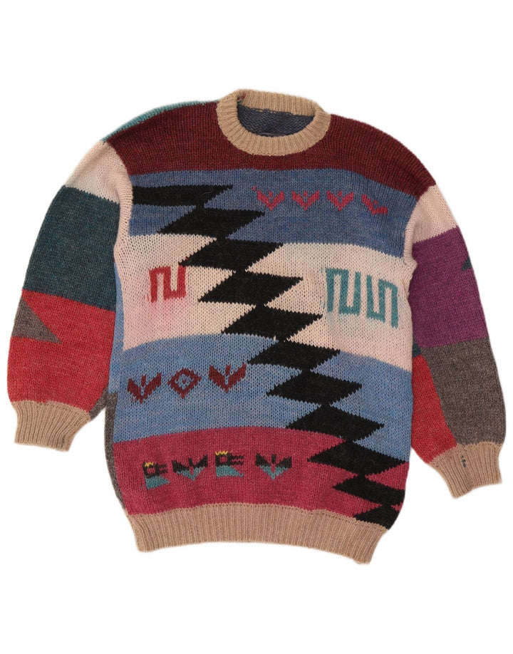 Pulover vintage pentru femei cu decolteu triplu UK 14 mediu multicolor
