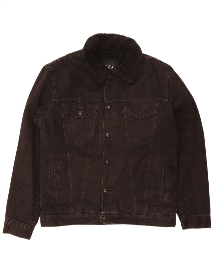 Jachetă Sherpa de denim pentru bărbați Zara UK 42 XL Poliester negru