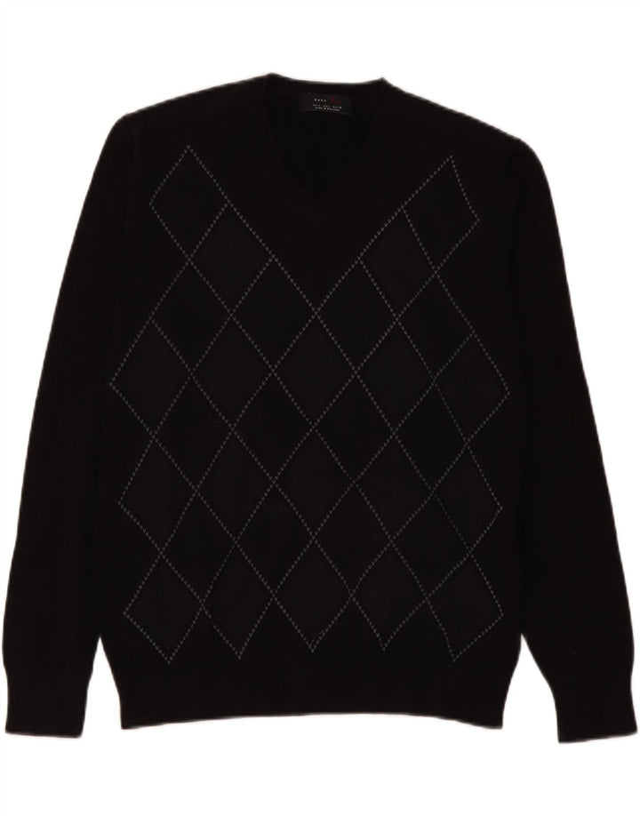 Pulover pentru bărbați Zara, cu decolteu în V, mare, negru Argyle/Diamond