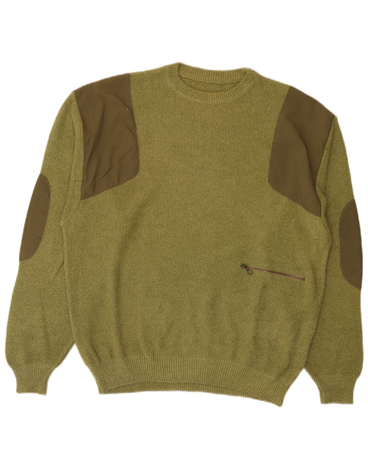 Pulover vintage pentru bărbați cu gâtul turnat, bumbac color block, kaki mediu